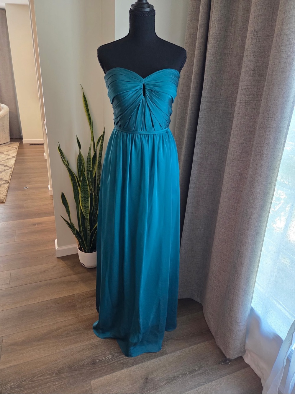 Bari Jay Strapless Teal Maxi Gown with Ruched Sweetheart Bodice